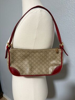Celine Beige Canvas Shoulder Bag with Red Leather Trim